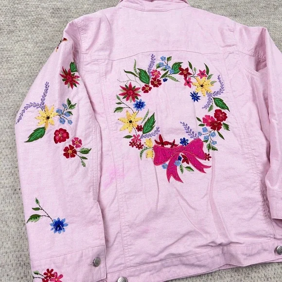 Vintage Quacker Factory Jacket Women Large Pink Embroidered Flower Linen Boho - Picture 11 of 16
